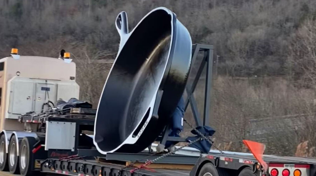 The massive skillet was making its way to the Lodge Cast Iron shop in South Pittsburg, Tennessee, where guests will eventually be able to feast their eyes on it at the Lodge Cast Iron Museum.